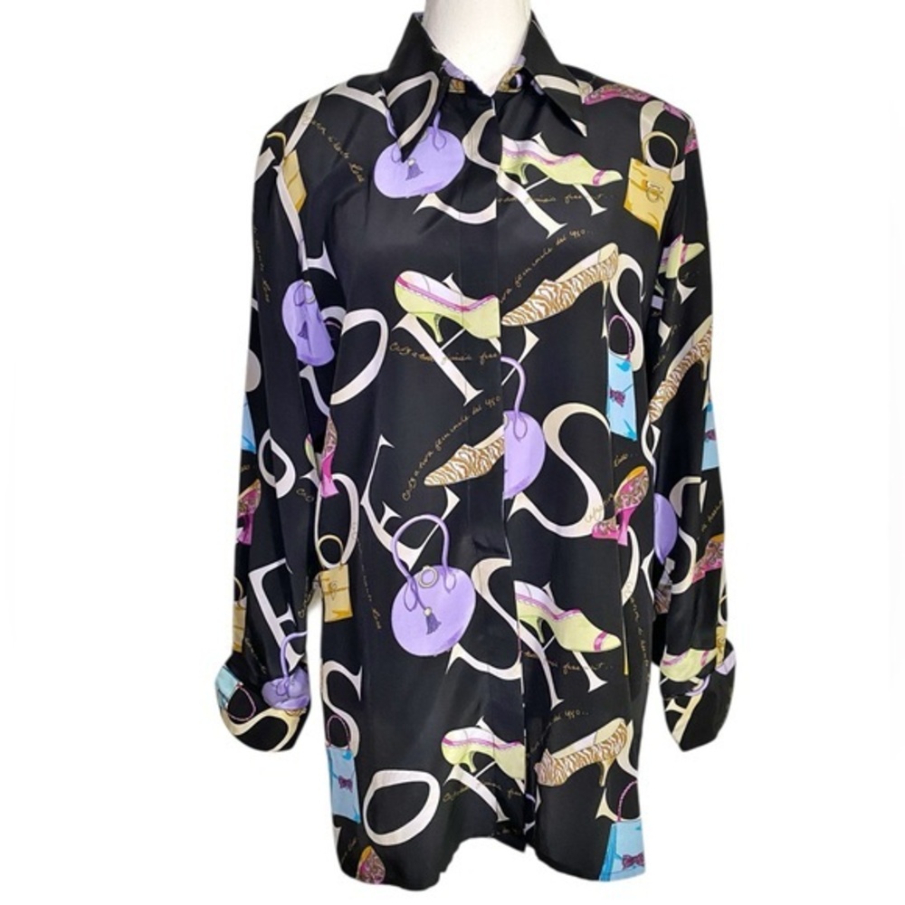 PIANO 100% Silk Novelty Print Button Down Blouse- Retro Eclectic Shoes & Purses